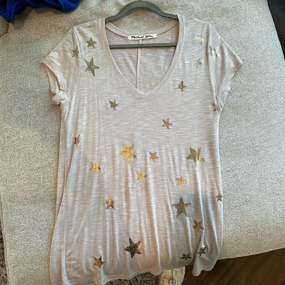 Michael Stars Beige and Gold Star Top Size Small